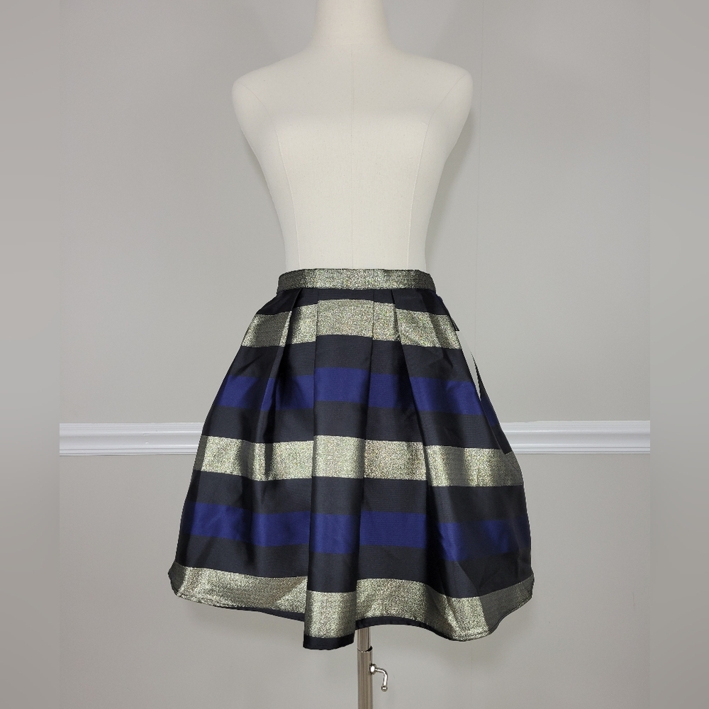 Sequin Hearts Gold Black and Royal Blue Striped Pleated Pettico Mini Skirt